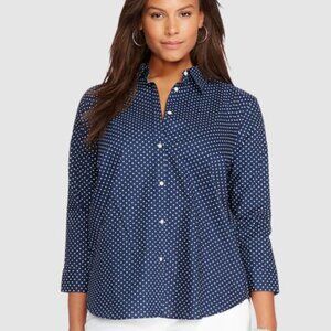 L.L. Bean Women's Wrinkle-Free Navy/White 3/4 Sleeves Button-up Blouse Top ~ XL